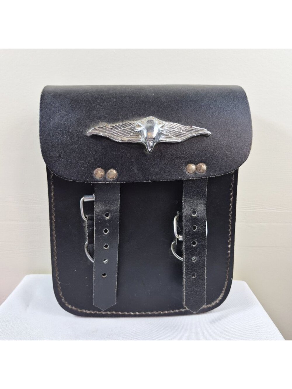 Harley Davidson Leather Motorcycle Saddlebags Set of 3 Black Wing Logo Pouches